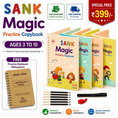 Magic Handwriting Practice Book Set (4 Books + 10 Refills) & FREE Malayalam Handwriting Practice Book